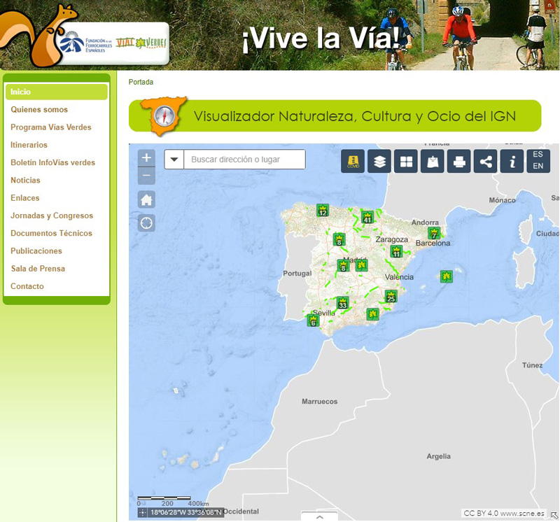 Visualizador Naturaleza, Cultura y Ocio integrado en la web de V�as Verdes