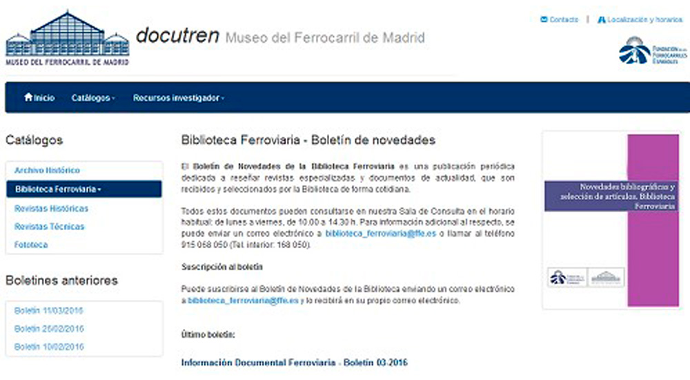 Boletín de novedades la Biblioteca Ferroviaria Boletín de novedades la Biblioteca Ferroviaria